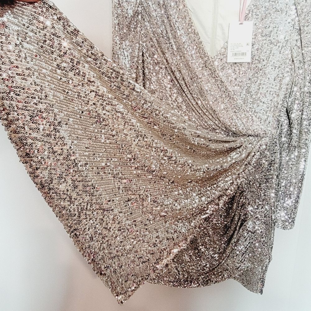 NWT Alex Marie Sequin Surplice Faux Wrap Dress W/ Tassel Size 8P - Picture 6 of 8